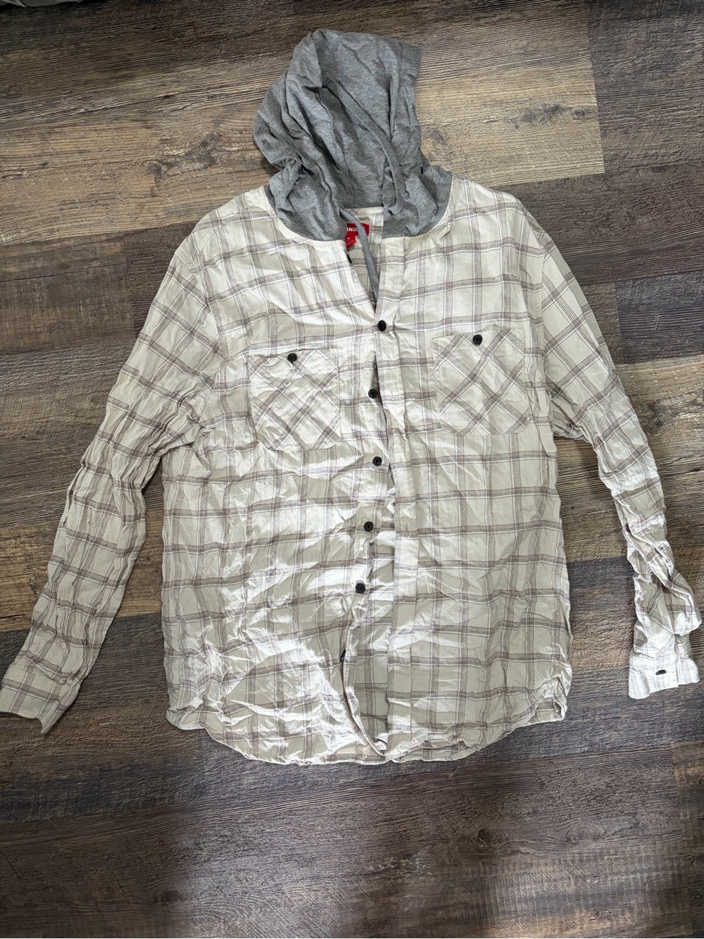 Men's Hooded Plaid Button-Up Shirt - Light Beige/Gray